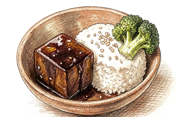 Buta no Kakuni with Rice and Steamed Broccoli