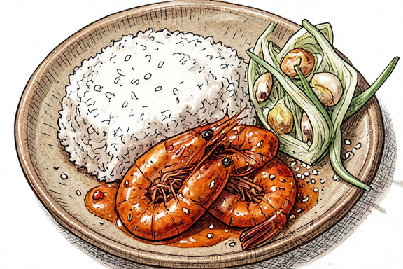 Ebi Chili with Stir-Fried Cabbage and Rice