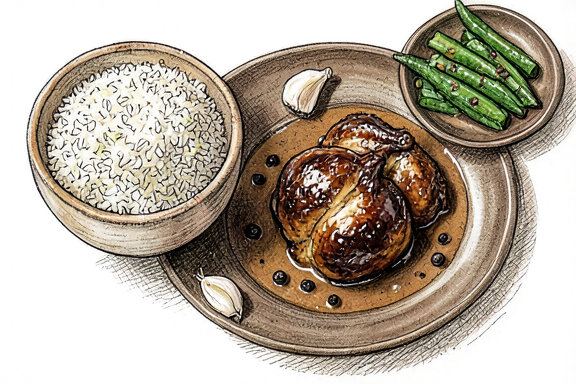 Filipino Chicken Adobo with Steamed Rice and Sautéed Green Beans