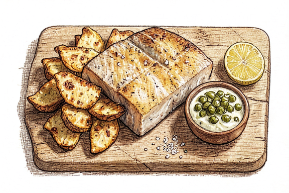 Fish and Chips with Mushy Peas and Tartar Sauce