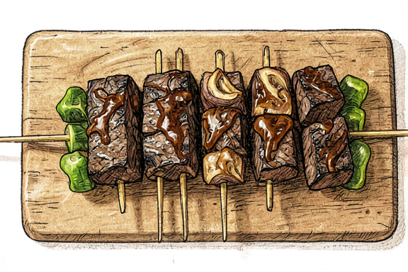 Gyuniku Kushiyaki with Air-Fried Onions and Peppers