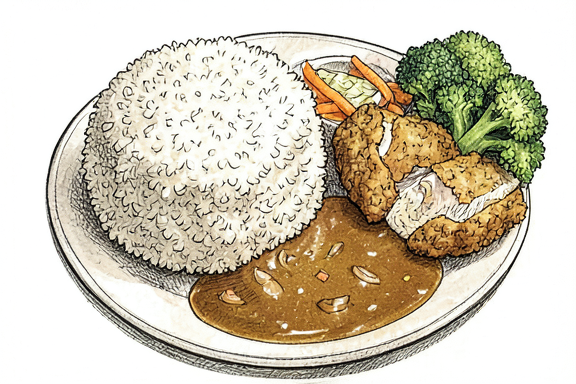 Japanese Chicken Katsu Curry with Rice and Steamed Broccoli