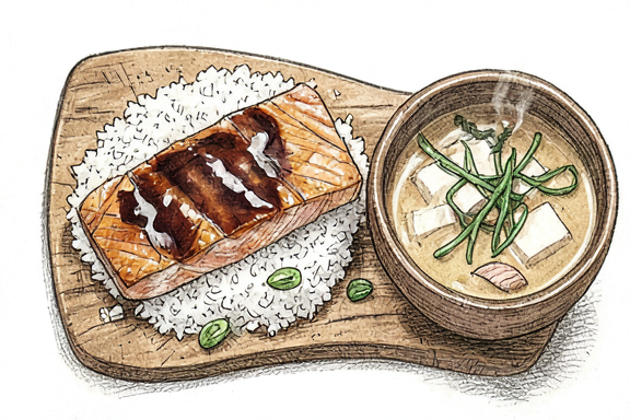 Japanese Salmon Teriyaki with Miso Soup and Steamed Rice