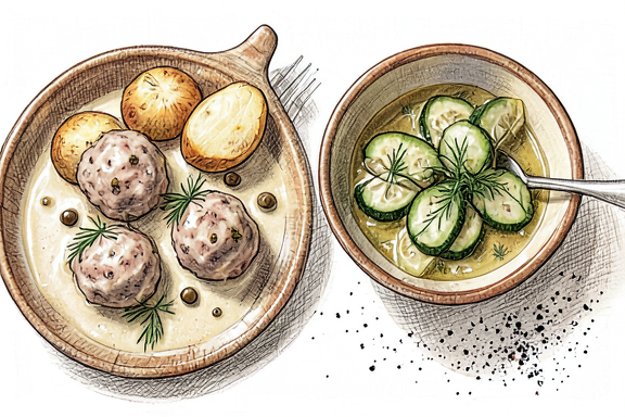 Königsberger Klopse mit Kartoffeln und Gurkensalat