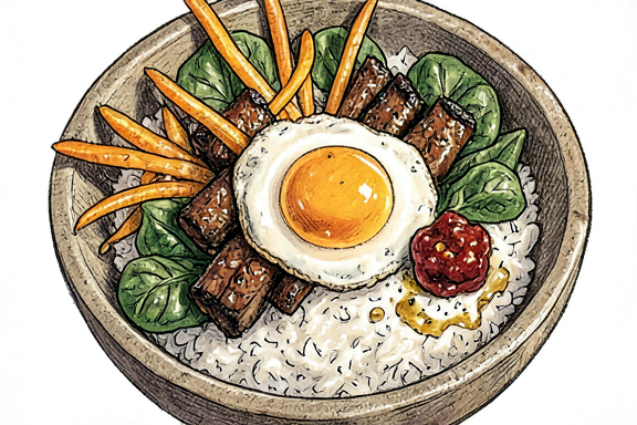 Korean Bibimbap with Beef, Spinach, Carrots, and Gochujang