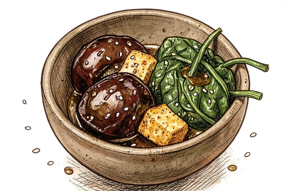 Nasu Dengaku with Air-Fried Tofu and Spinach