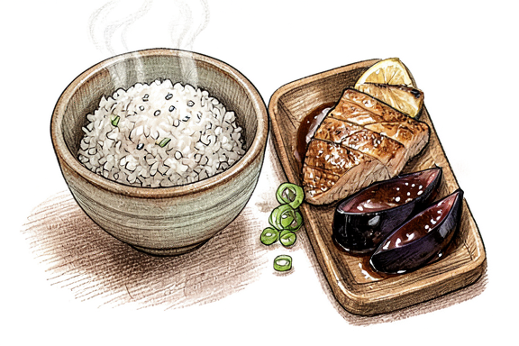 Nasu Miso with Grilled Salmon and Rice