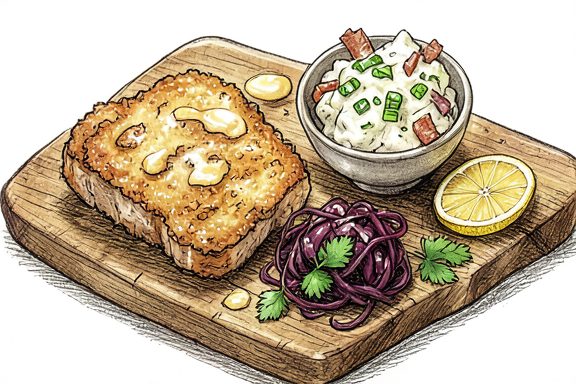 Pork Schnitzel with German Potato Salad and Braised Red Cabbage