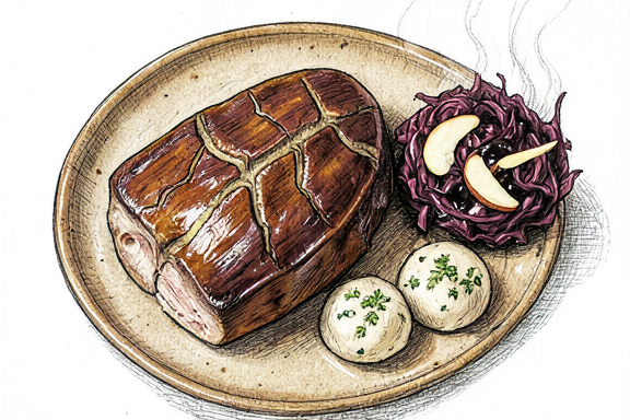 Schweinebraten mit Knödeln und Rotkohl