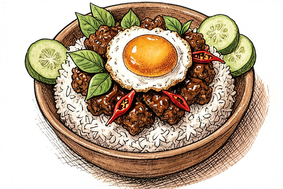 Thai Basil Chicken (Pad Krapow) with Fried Egg and Jasmine Rice